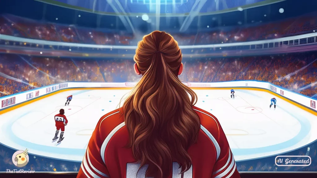 Braunhaarige Studentin redet mit Hockey-Spieler.