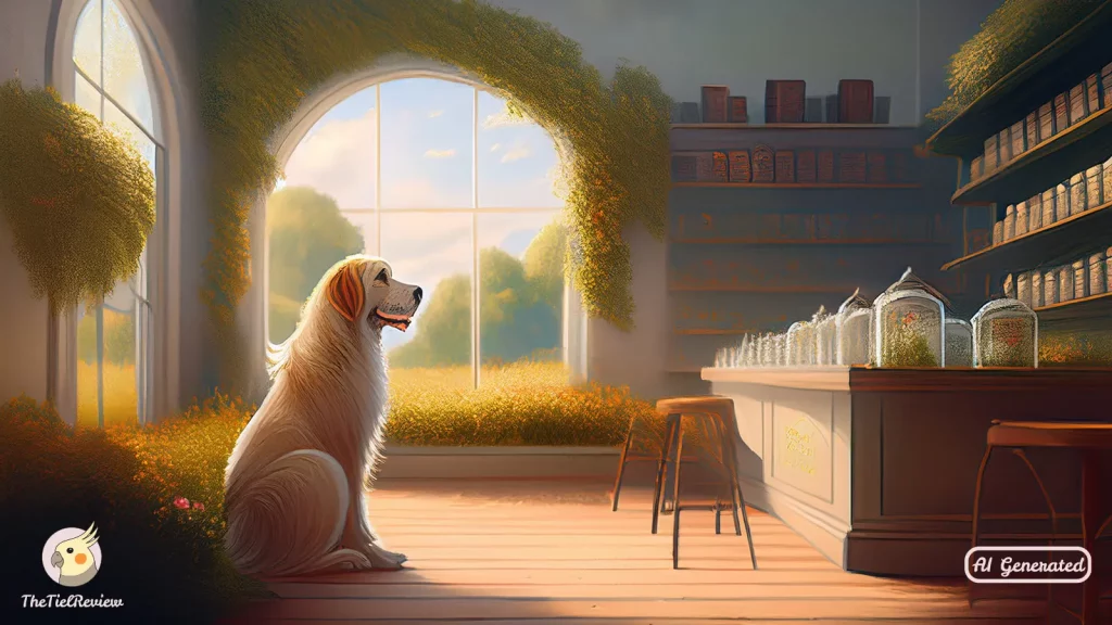 Ein Teeladen mit einem Hund.