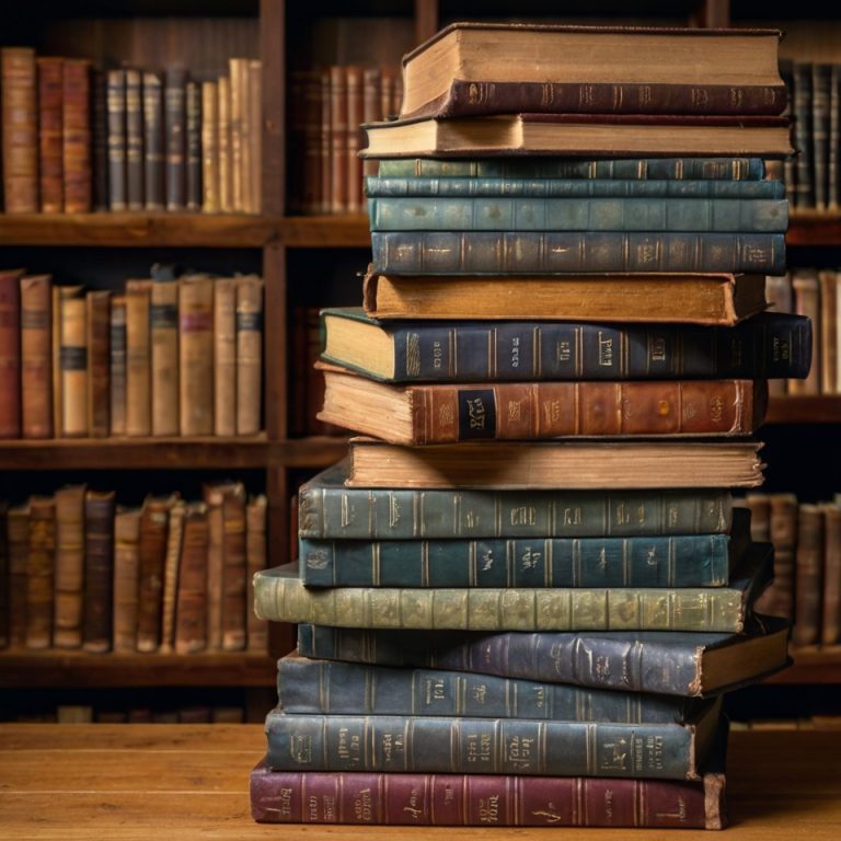 Ein Stapel Bücher vor einem Bücherregal.