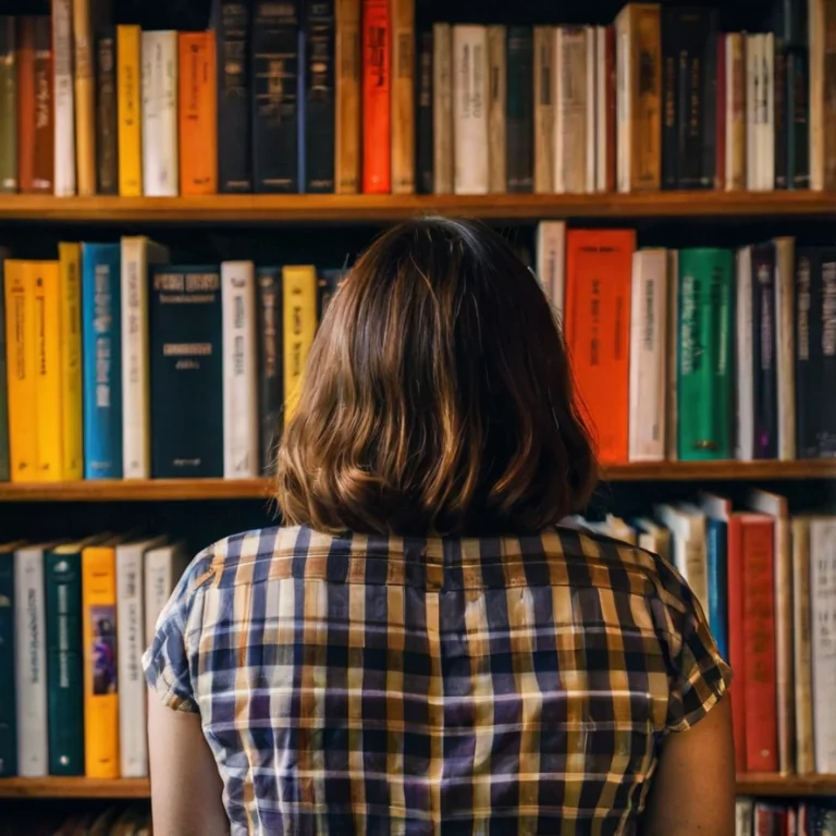 Eine junge Frau steht vor einem großen Bücherregal.